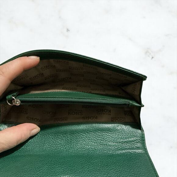 Michael Kors Monogram Green Trim Canvas Leather Wallet Clutch 7”x4” - Picture 4 of 15